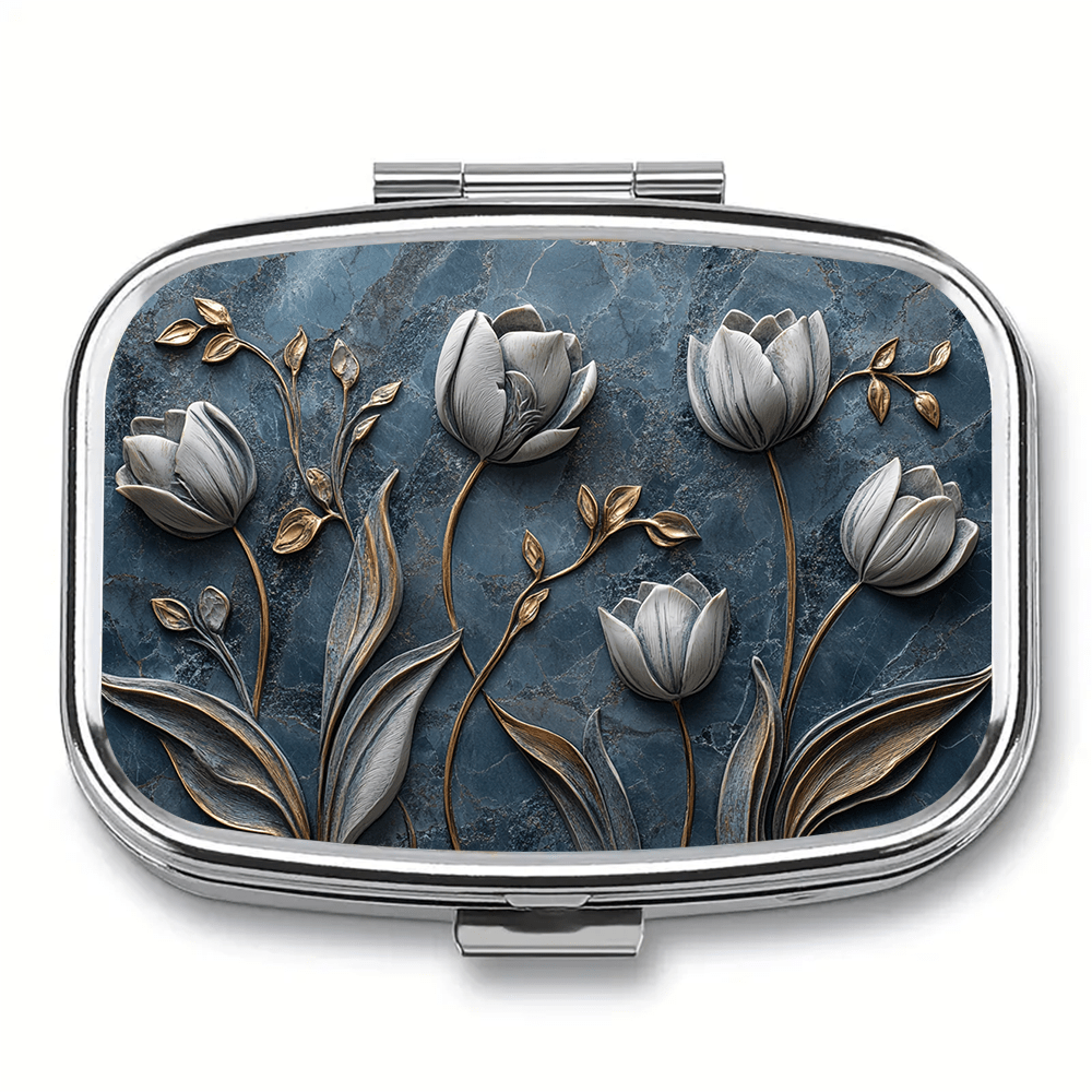 Floral 2D Relief Iron Pill Box 3 Compartment Portable Medication Organizer