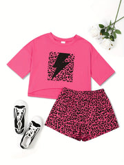  Leopard & Lightning Print Crop Top & Shorts Pajama Set