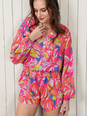 Abstract Print Button Front Romper Casual V Neck Long Sleeve