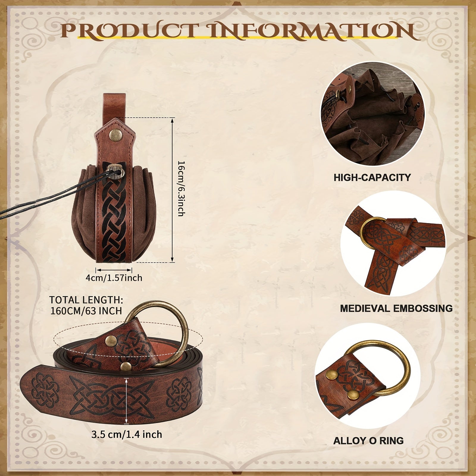 2pcs Medieval Viking Belt Faux Leather Belt Pouch Renaissance Cosplay Set