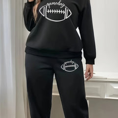 Women's Plus Rugby & Letter Print Fleece Sweatshirt & Jogger Outfit Set