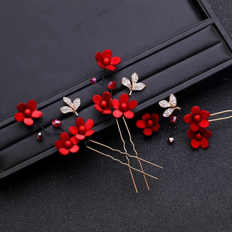 Red Flowers Headband Hairpins Clip Earring Set Chinese Style Bridal Wedding