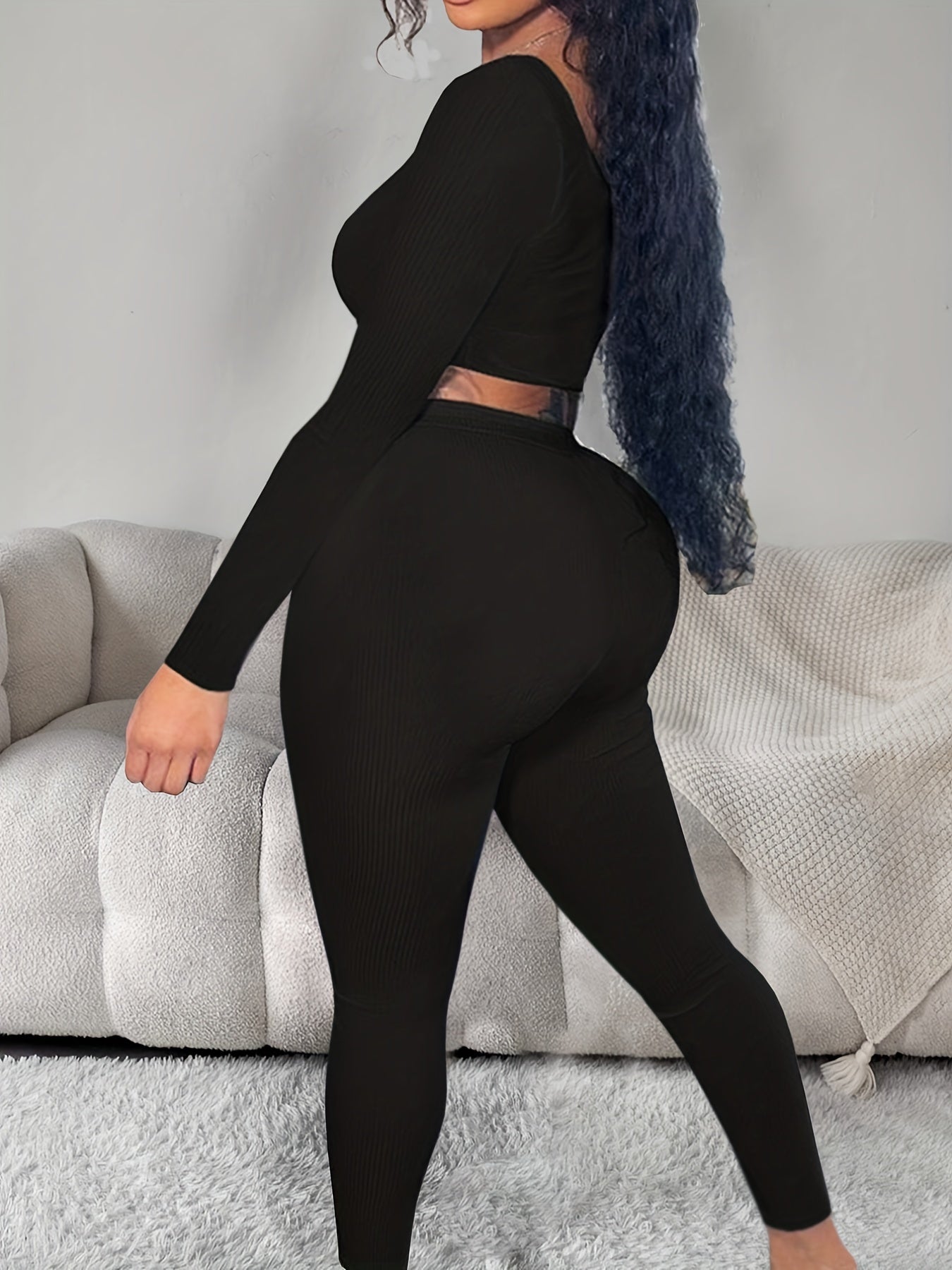 Solid Ribbed Lounge Set Long Sleeve V Neck Top & Elastic Waistband Pants