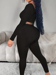Solid Ribbed Lounge Set Long Sleeve V Neck Top & Elastic Waistband Pants