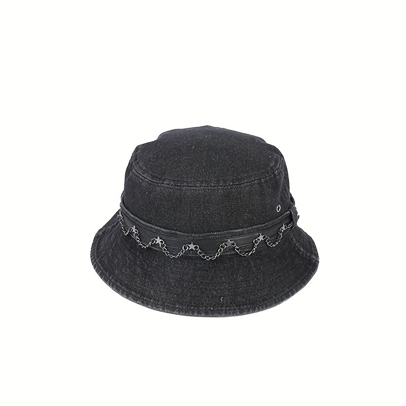 Metal Chain Denim Bucket Hat Distressed Hip Hop Fisherman Cap