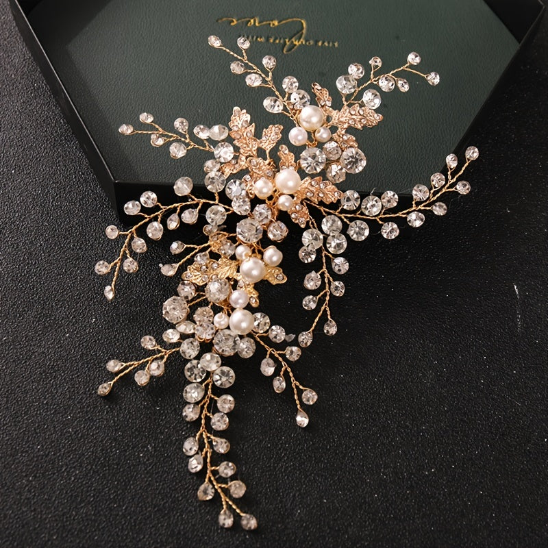 Golden Pearl Bridal Comb Floral Wedding Crystal Rhinestone Comb