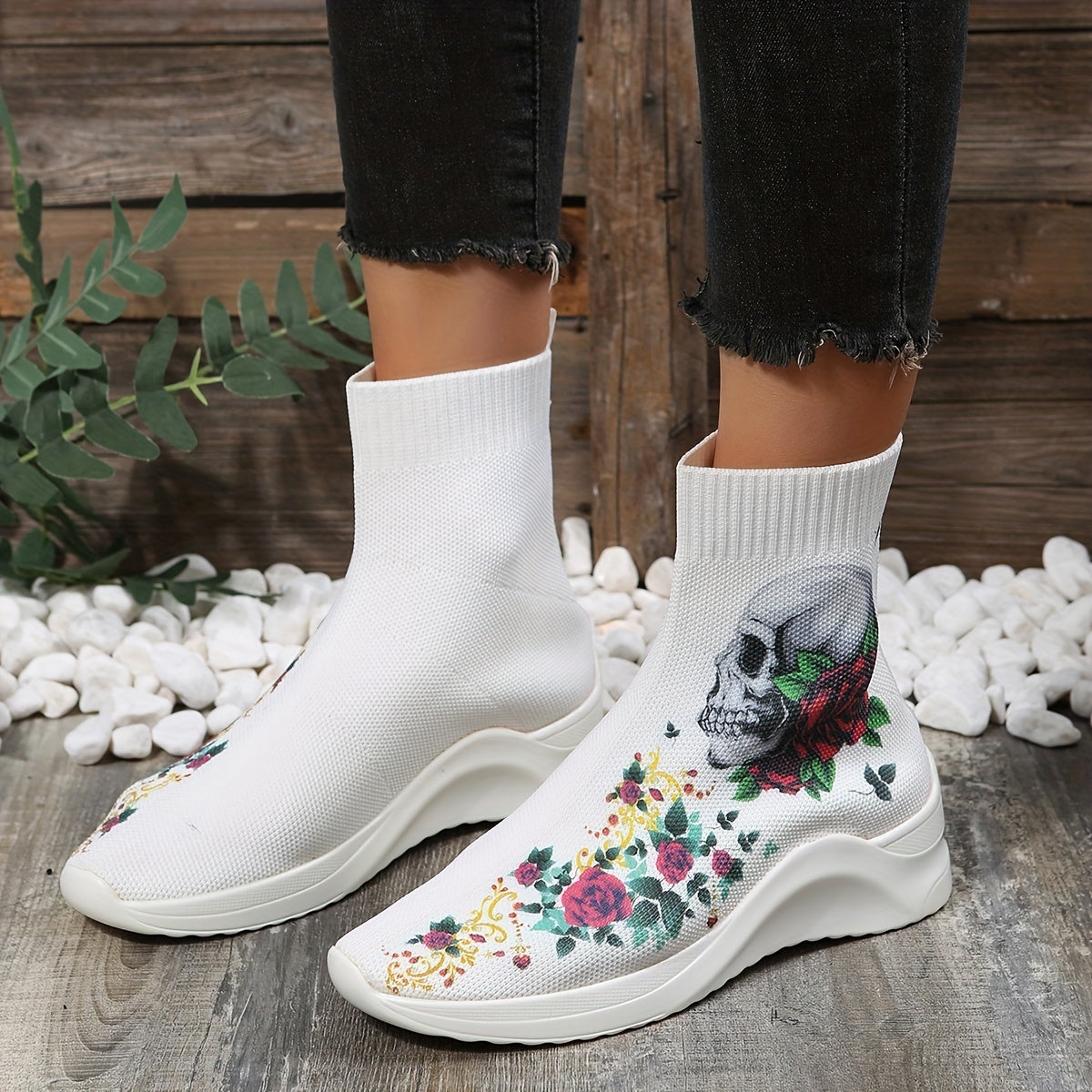 Women's Skull & Rose Print Sock Boots