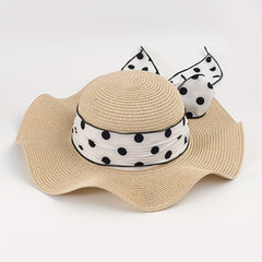 Dotted Ribbon Bowknot Sun Hat Ruffles Wide Brim Straw Bucket Hats