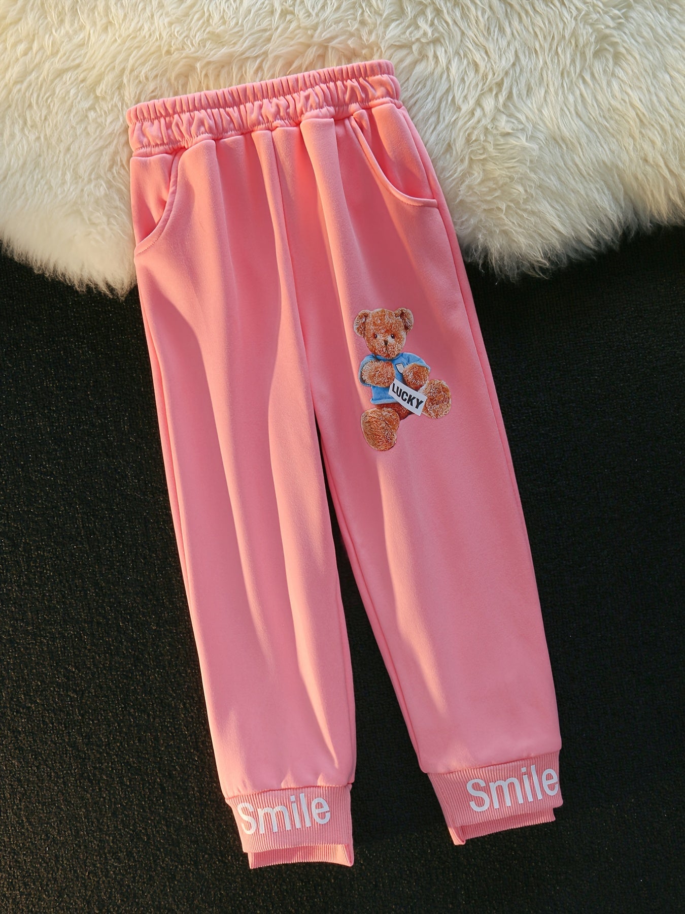 Girls Fleece Warm Sweatpants Elastic Waist Bear Print