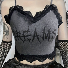  Gothic Cami Top Art Letter Print Lace Trim V Neck Crop Cami