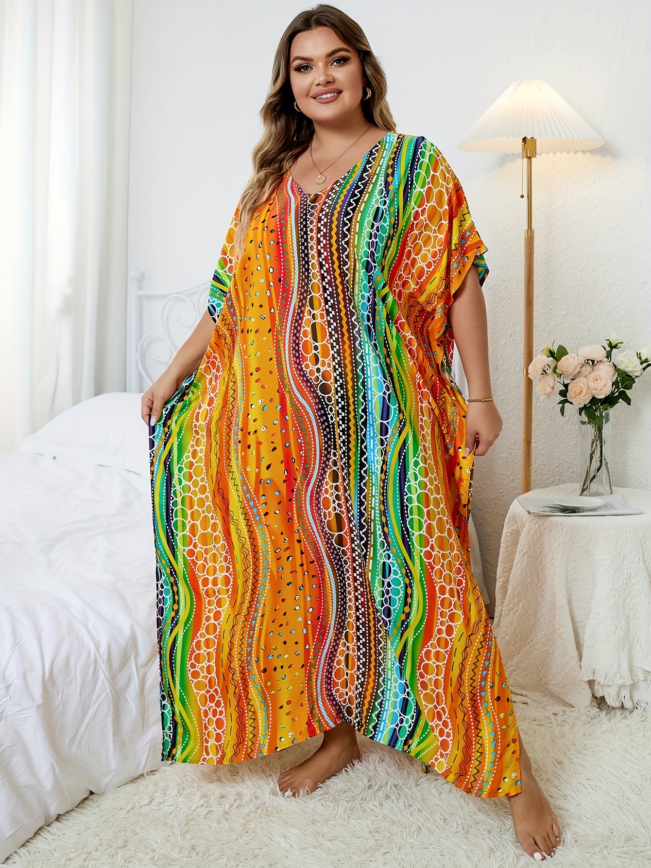  Rainbow Striped Batwing Sleeve Beachwear Kaftan Dress