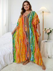  Rainbow Striped Batwing Sleeve Beachwear Kaftan Dress
