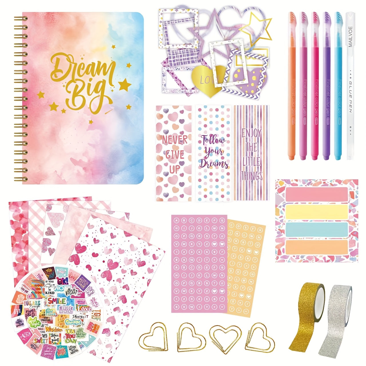 91pcs Girls' DIY Journal Kit Pink Glitter Cover Writing Set