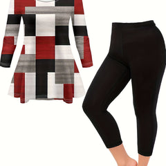  Geo Print Peplum Top & Pants Set