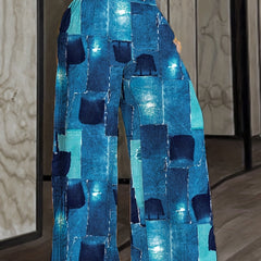 Plus Denim Print Wide Leg Pants Elastic High Rise