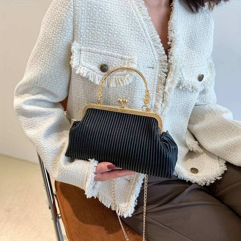 Ruched Handbag Top Ring Chain Clutch Purse For Evening Dinner