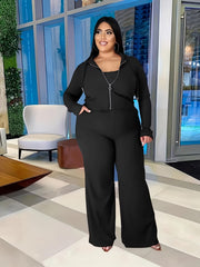  Solid Tube Top & Drawstring Hoodie & Wide Leg Pants Set