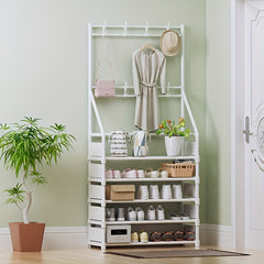 Minimalist Clothes Rack & Shoe Stool w/Metal Frame & 8 Hooks