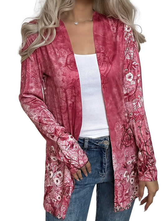  Floral Print Long Sleeve Open Front Cardigan