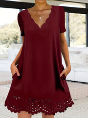  Casual Dress Women's Solid Cut Out Scalloped Trim Dress