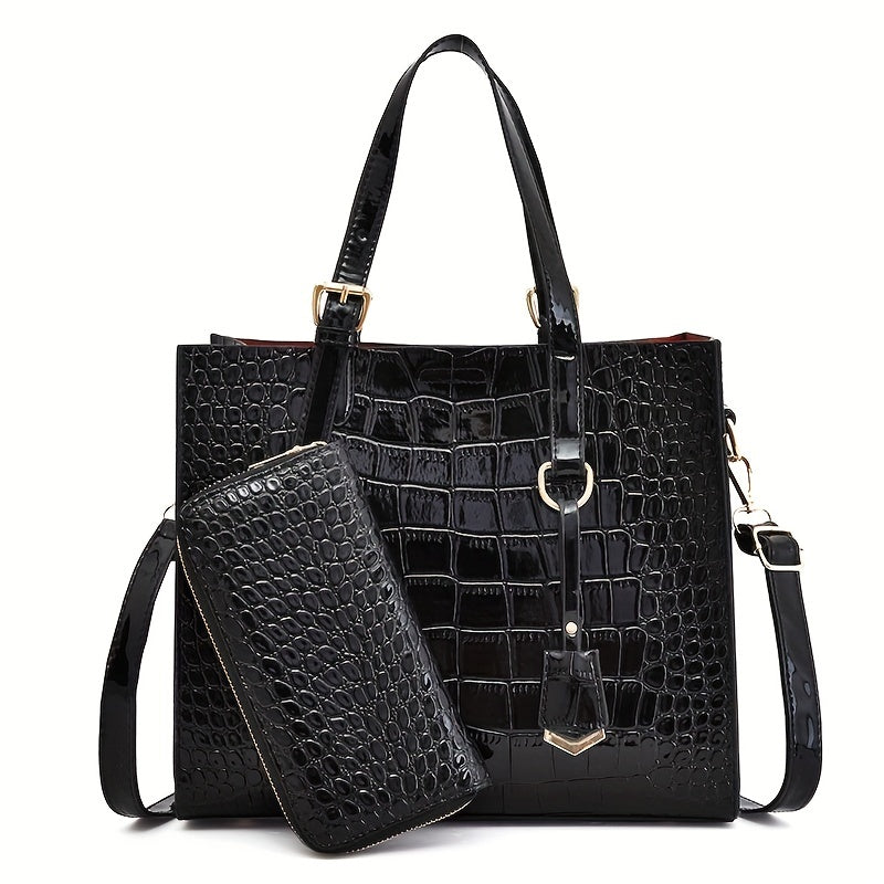 Crocodile Embossed Handbag With Pouch Large Tote Bag PU Leather Crossbody Bag