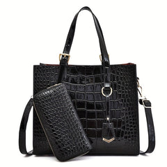 Crocodile Embossed Handbag With Pouch Large Tote Bag PU Leather Crossbody Bag