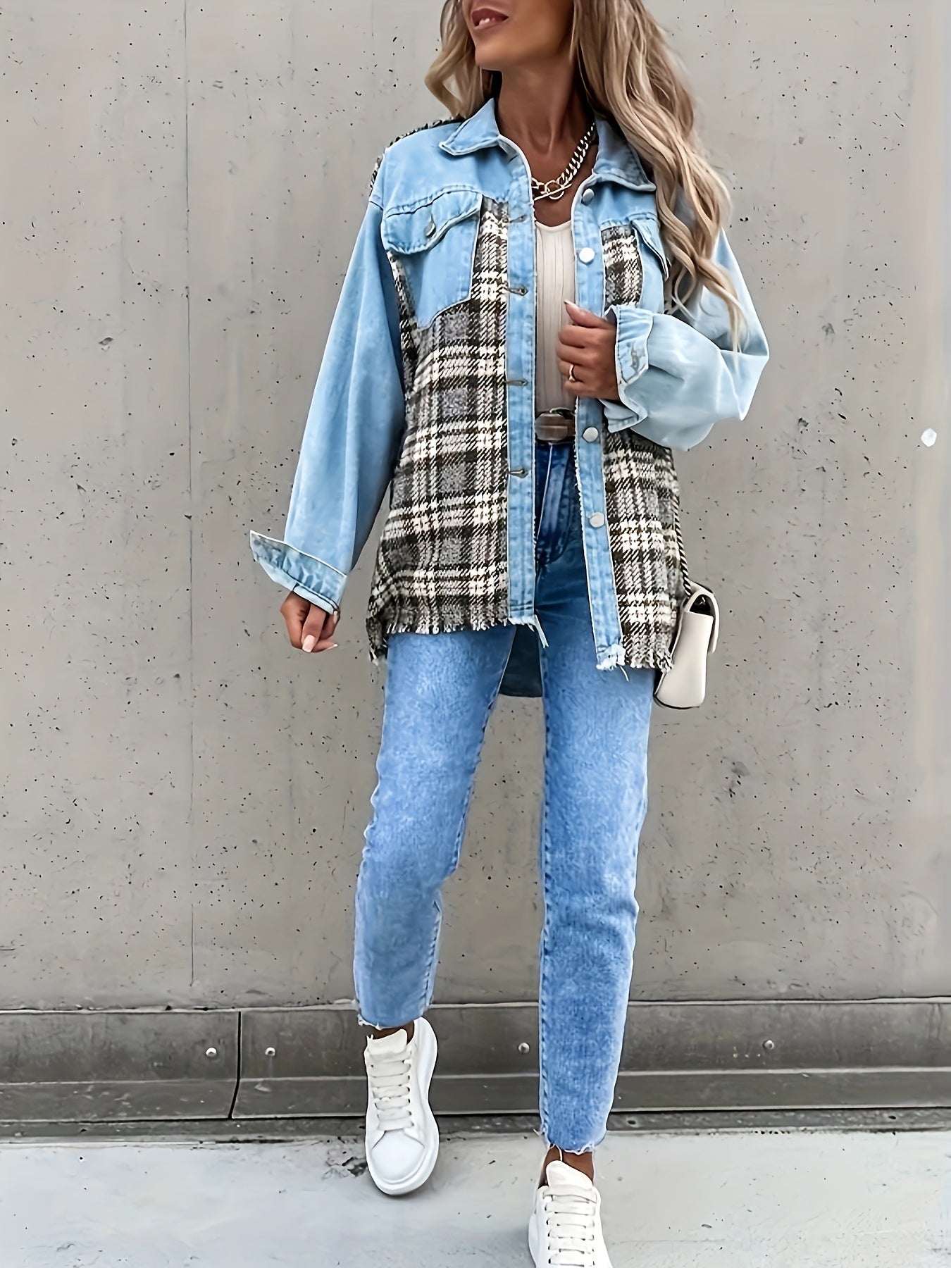  Colorblock Plaid Print Denim Jacket