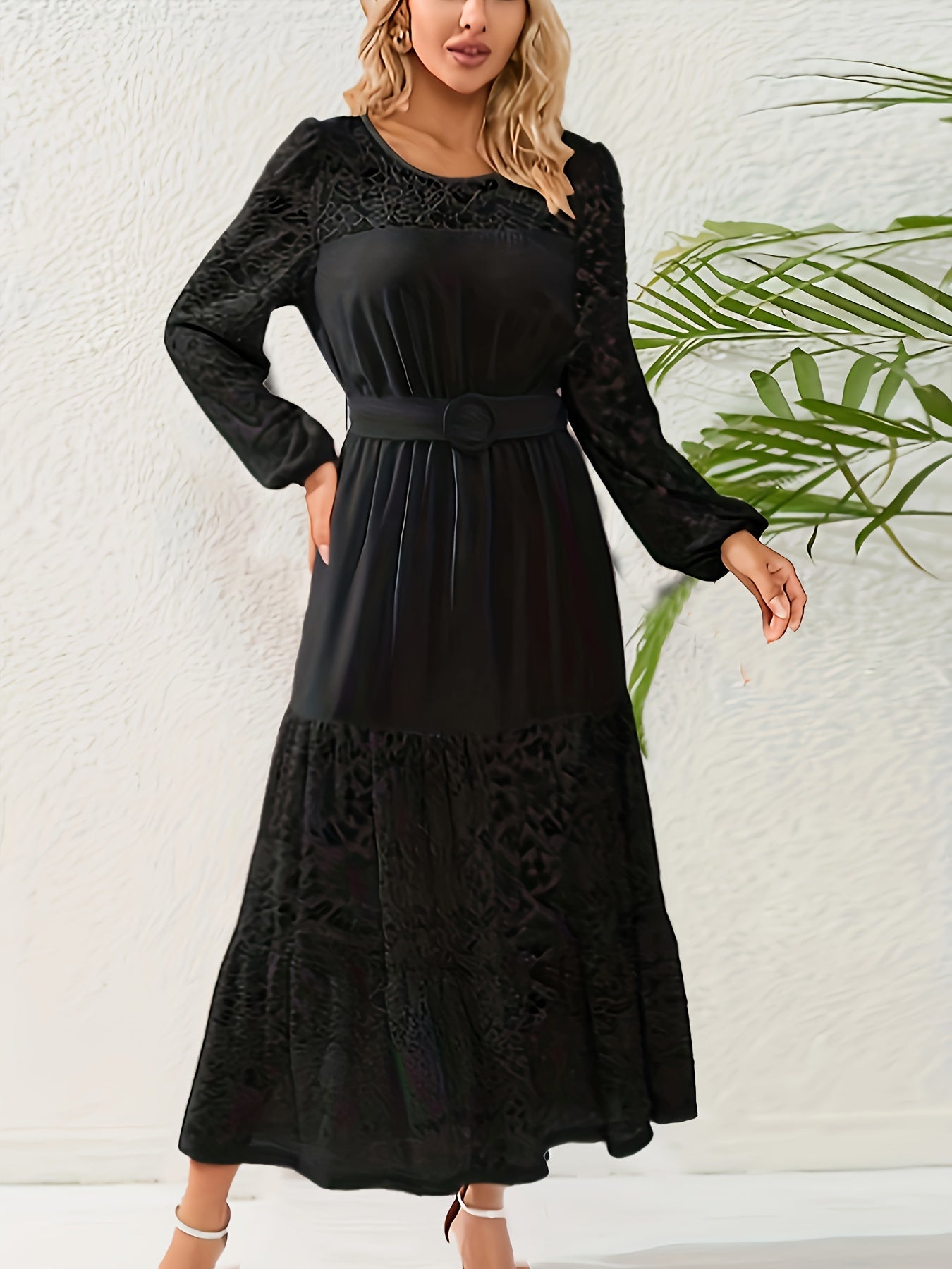 Lace Sleeve Round Neck Maxi Smock Dress