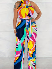 Geo Print Keyhole Jumpsuit Wide Leg Casual Jumpsuit