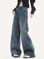 Wide Leg Baggy Jeans Solid Loose Fit Street Grunge Style Denim Pants