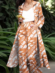  Brush Print Long Sleeve Shirt Top & Wide Leg Pants Outfit