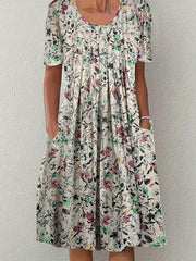  Floral Print Pleated Short Sleeve Dress