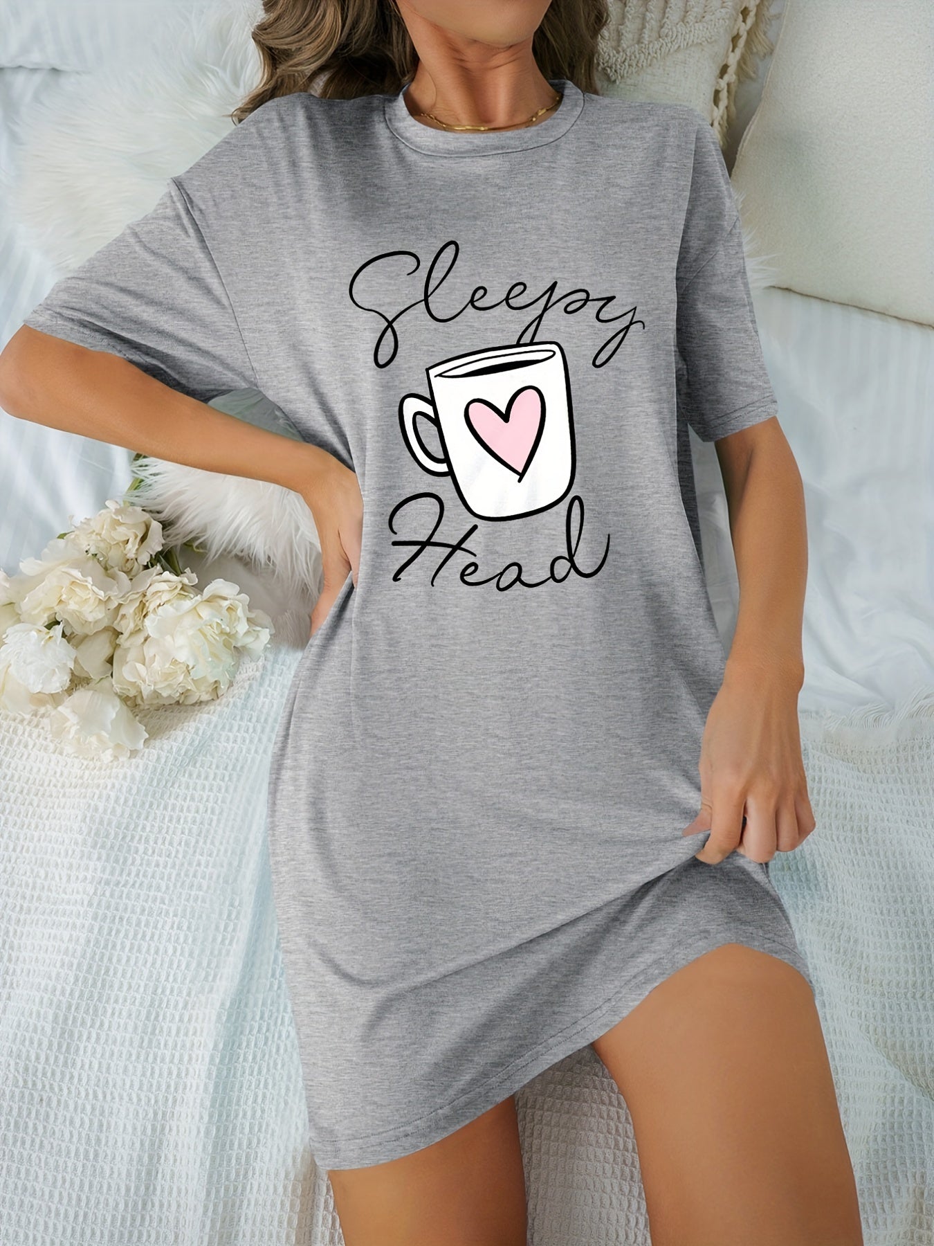 Letter Print NightDress Crew Neck Women's Sleepwear