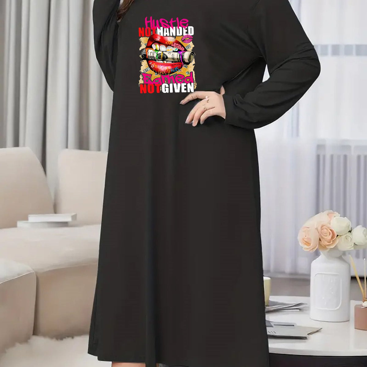  Women's Mouth & Money Print Long Sleeve Nightdress
