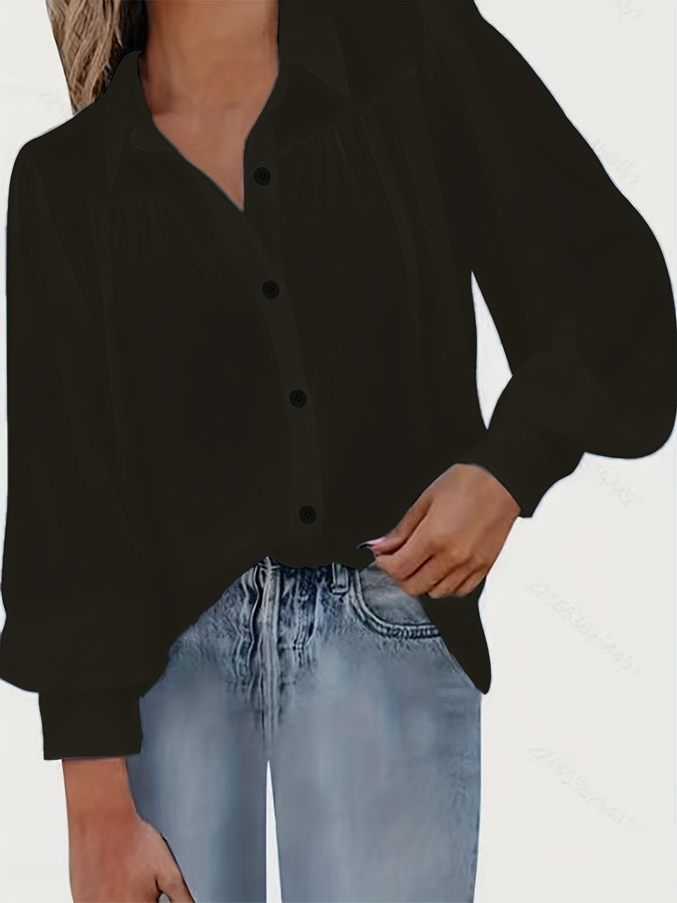  Solid Button Up Lantern Sleeve Blouse