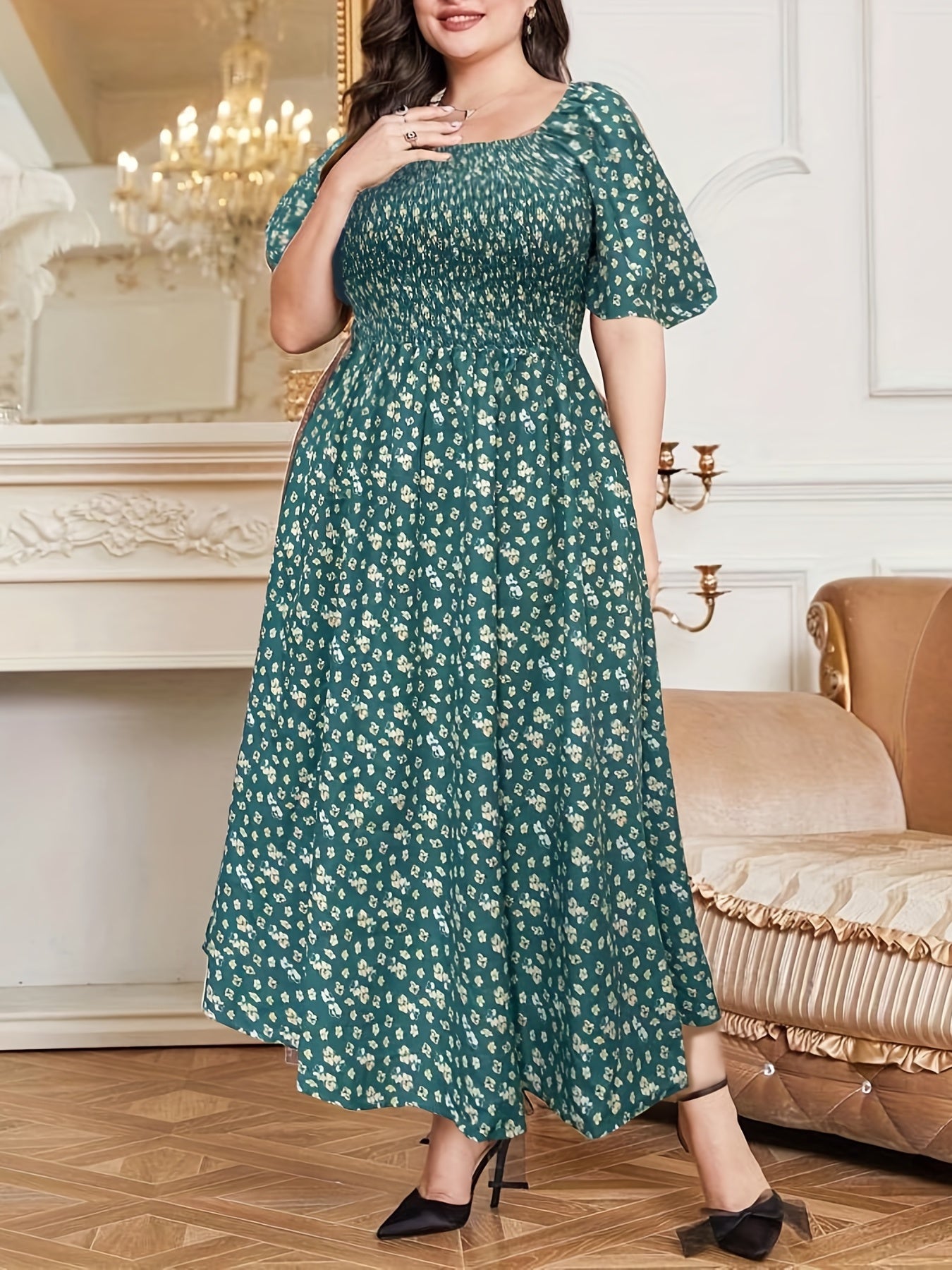  Boho Dress Ditsy Print Puff Sleeve Square Neck