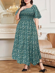  Boho Dress Ditsy Print Puff Sleeve Square Neck