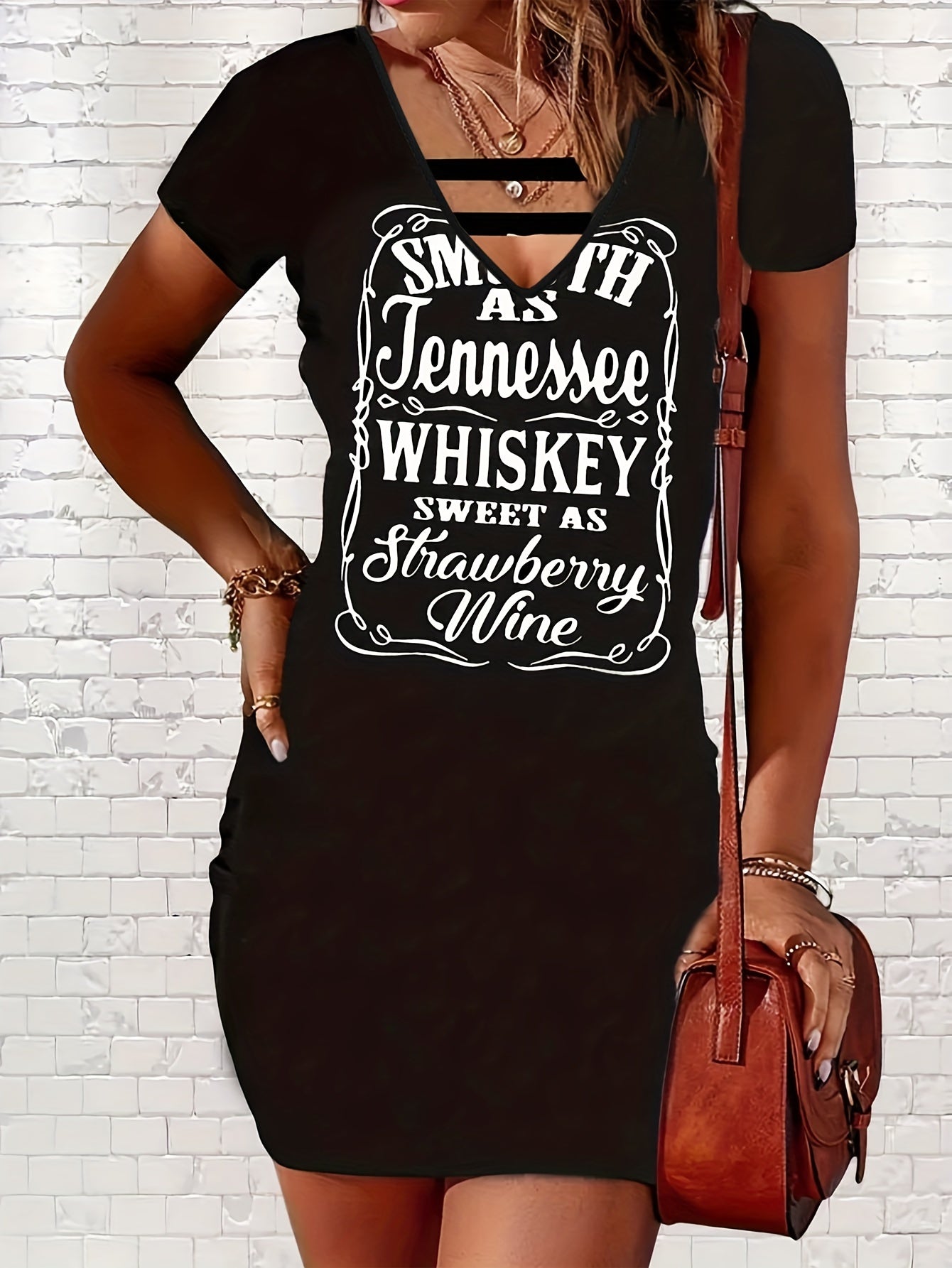  Women's V-Neck Letter Print Tee Dress