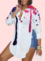  Splash Print Button Up Blouse Long Sleeve