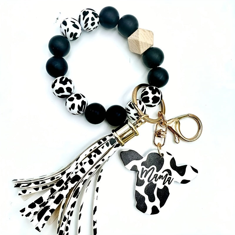 Cow Tassel Charm Beaded Bracelet Keychain Bag Car Key Chain Pendant