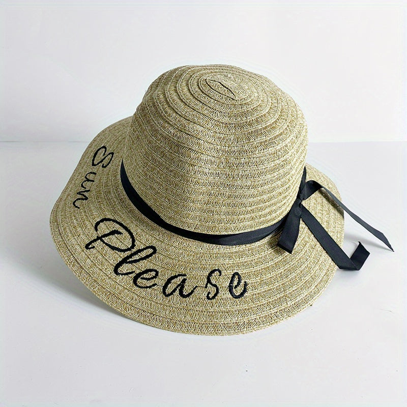 Sun Embroidery Straw Hat Ribbon Bowknot Drawstring Adjustable