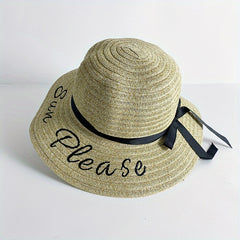 Sun Embroidery Straw Hat Ribbon Bowknot Drawstring Adjustable
