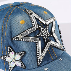 Distressed Denim Baseball Cap with Rhinestone Pentagram Patch