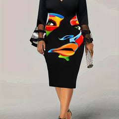  Abstract Figure Print Mesh Sleeve V Neck Dress