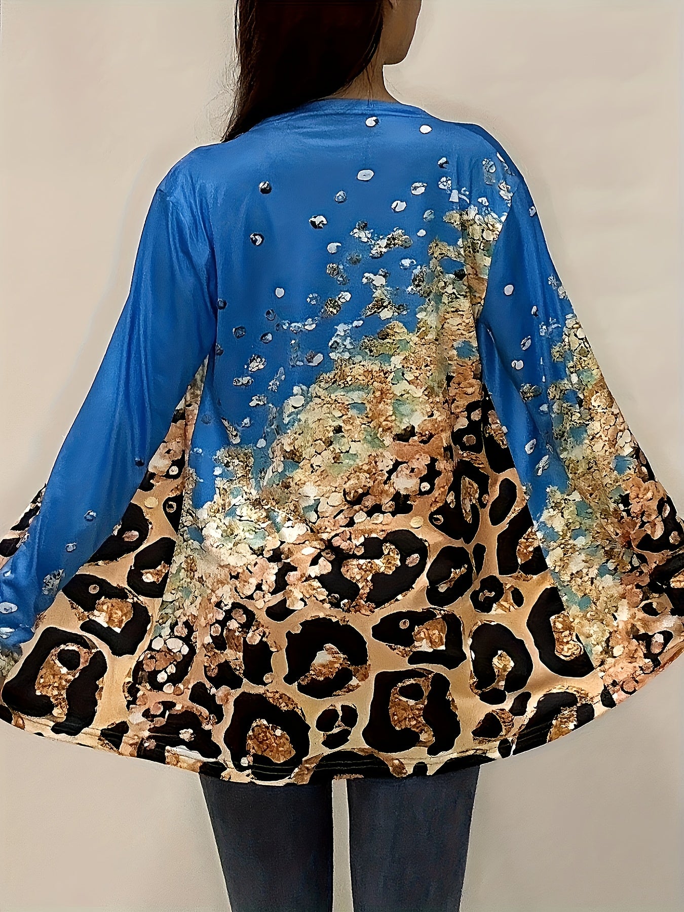  Colorblock Glitter Leopard Print Open Front Cardigan