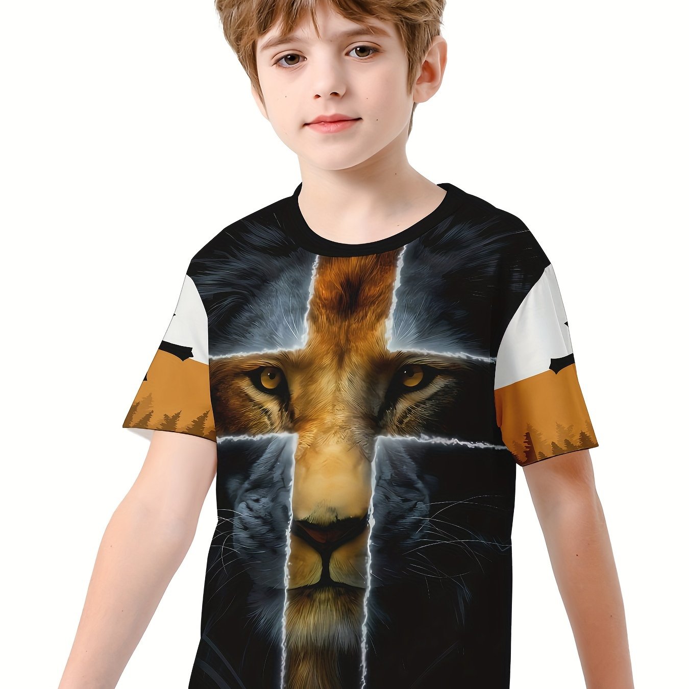 Lion Cross 3D Print Boys T-shirt Summer Lightweight Round Neck Top