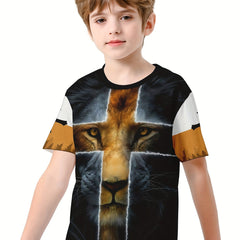 Lion Cross 3D Print Boys T-shirt Summer Lightweight Round Neck Top
