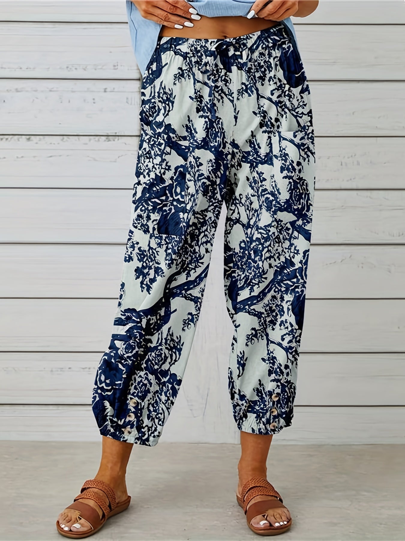 Vacay Pants Women's Plus Tropical Print Elastic Drawstring Trousers