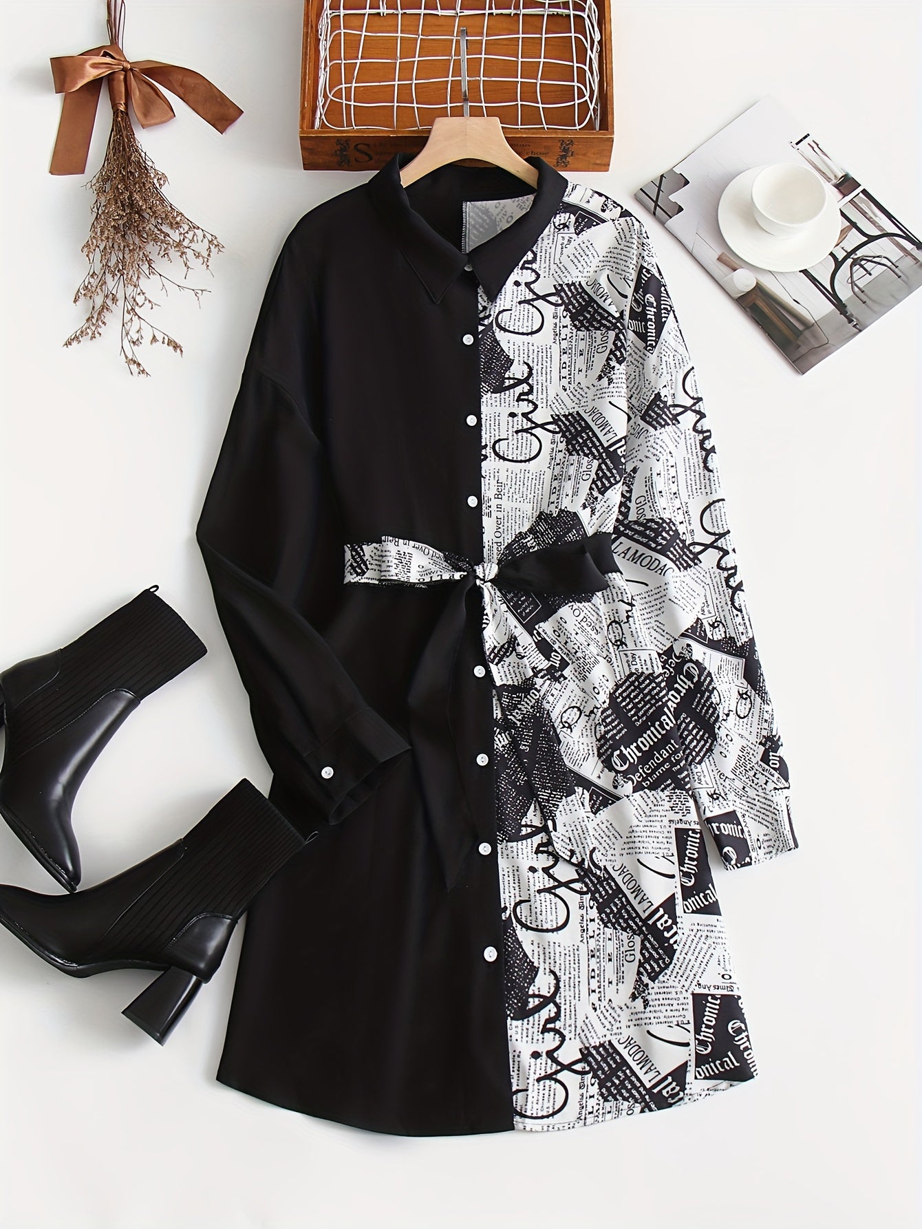  Women's Colorblock Print Button Shirt Dress