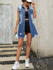 Sleeveless Denim Dress Ripped Holes Lapel Women's Clothing